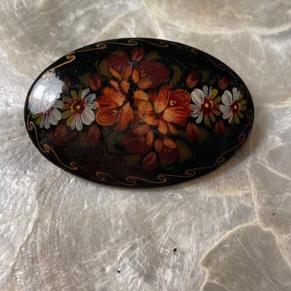Vintage Jewelry - Vintage Hand Painted Floral Folk Art Wood Brooch Signed 90s